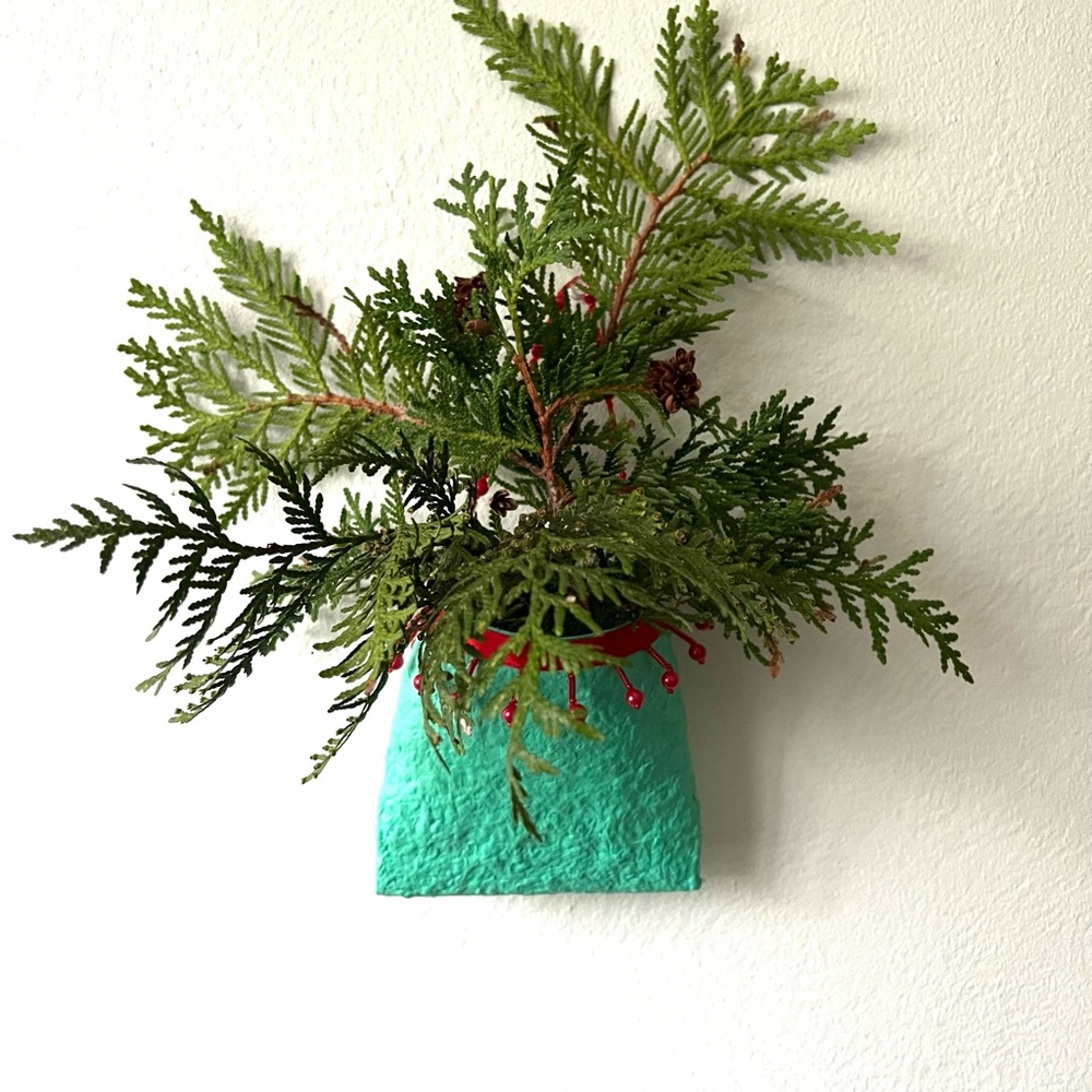 Recycled / Upcycled Smashed Can / paper pulp Planter.. adorned for the Holidays!
